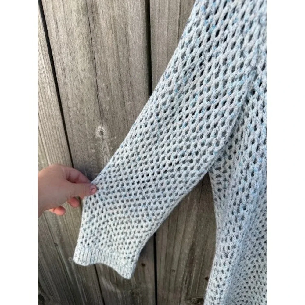 Boho Crochet Open Knit Cable & Gauge Cardigan XL Blue White Marled Mesh Sweater